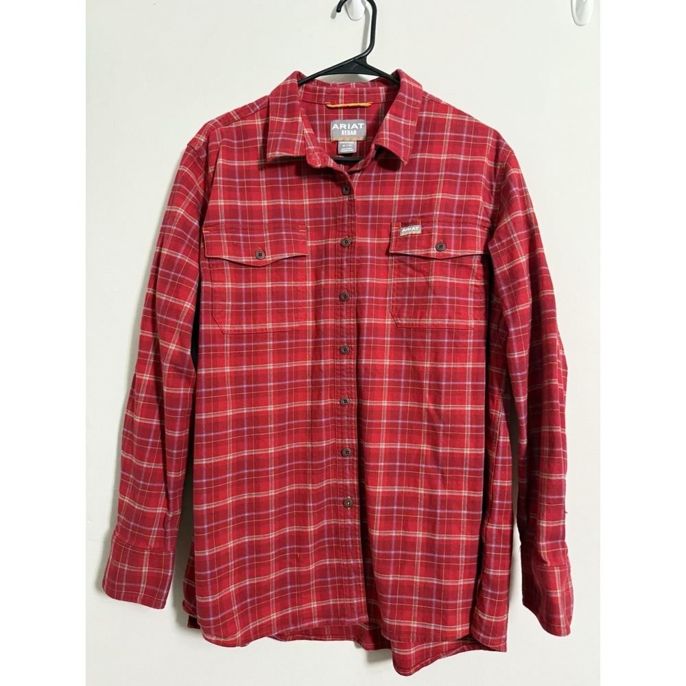 Ariat Rebar Shirt Womens XL Red Plaid Flannel Workwear Button Glasses Pocket